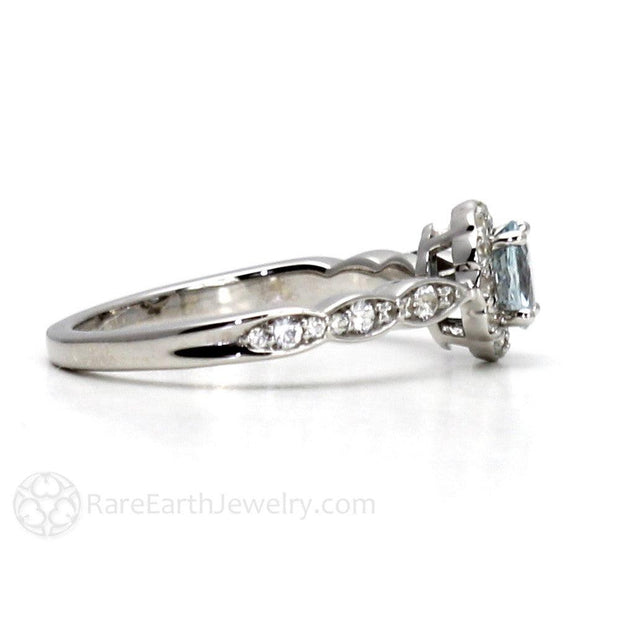 Aquamarine Ring Vintage Style Diamond Halo March Birthstone 18K White Gold - Rare Earth Jewelry