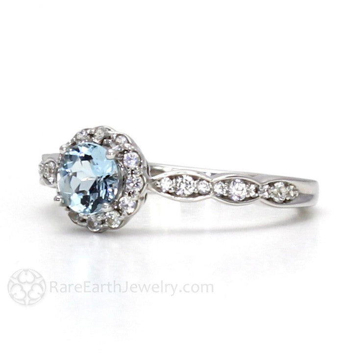 Aquamarine Ring Vintage Style Diamond Halo March Birthstone - Rare Earth Jewelry