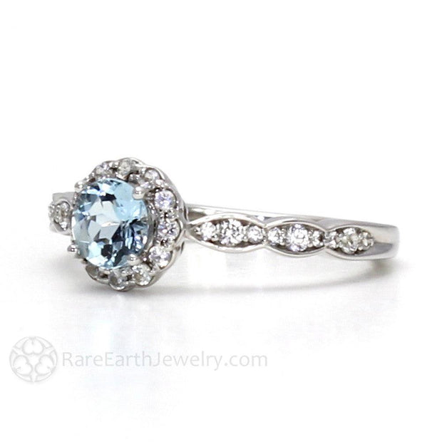 Aquamarine Ring Vintage Style Diamond Halo March Birthstone 18K White Gold - Rare Earth Jewelry
