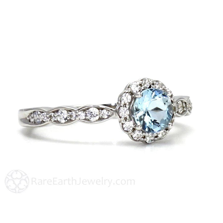 Aquamarine Ring Vintage Style Diamond Halo March Birthstone - Rare Earth Jewelry