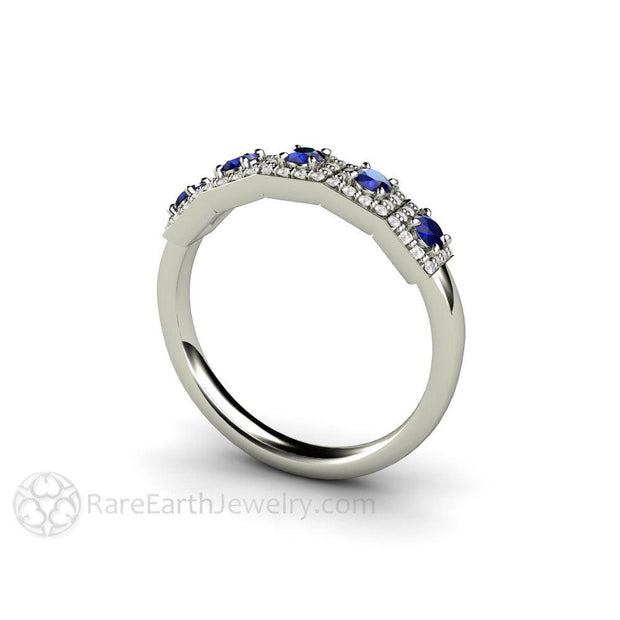Art Deco 5 Stone Sapphire and Diamond Wedding Ring or Anniversary Band 14K White Gold - Rare Earth Jewelry