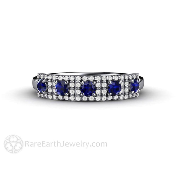 Art Deco 5 Stone Sapphire and Diamond Wedding Ring or Anniversary Band Platinum - Rare Earth Jewelry