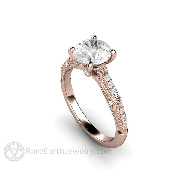 Art Deco Forever One Moissanite Solitaire Vintage Engagement Ring 18K Rose Gold - Engagement Only - Rare Earth Jewelry