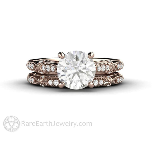 Art Deco Forever One Moissanite Solitaire Vintage Engagement Ring 14K Rose Gold - Wedding Set - Rare Earth Jewelry