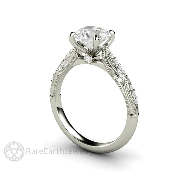 Art Deco Forever One Moissanite Solitaire Vintage Engagement Ring - 14K White Gold - Engagement Only - April - Moissanite - Round - Rare Earth Jewelry