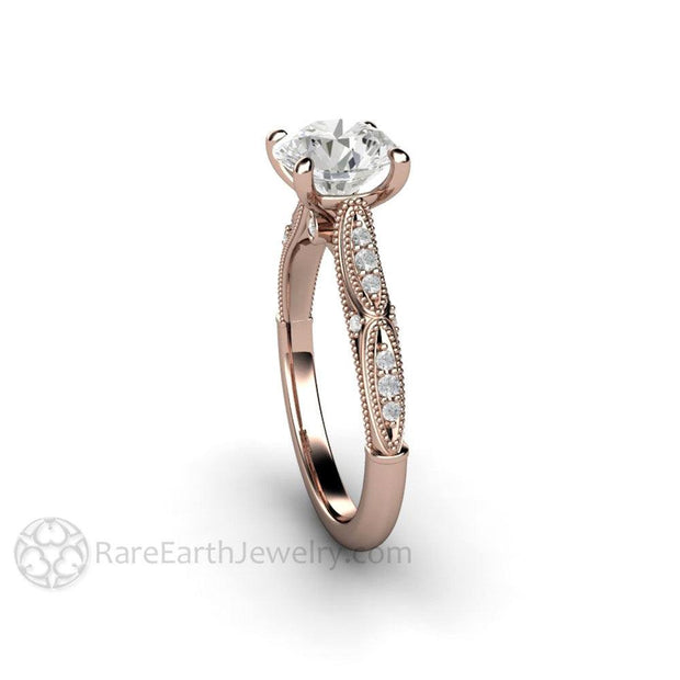 Art Deco Forever One Moissanite Solitaire Vintage Engagement Ring 18K Rose Gold - Engagement Only - Rare Earth Jewelry