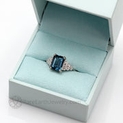 Art Deco London Blue Topaz Ring Vintage Style Diamonds and Milgrain 14K White Gold - Rare Earth Jewelry