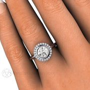 Art Deco Moissanite Engagement Ring Diamond Halo 18K White Gold - Rare Earth Jewelry