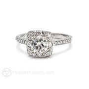 Art Deco Moissanite Engagement Ring Vintage Diamond Halo Platinum - Wedding Set - Rare Earth Jewelry