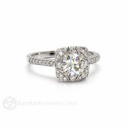 Art Deco Moissanite Engagement Ring Vintage Diamond Halo Platinum - Wedding Set - Rare Earth Jewelry