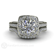 Art Deco Moissanite Engagement Ring Vintage Diamond Halo 14K White Gold - Wedding Set - Rare Earth Jewelry