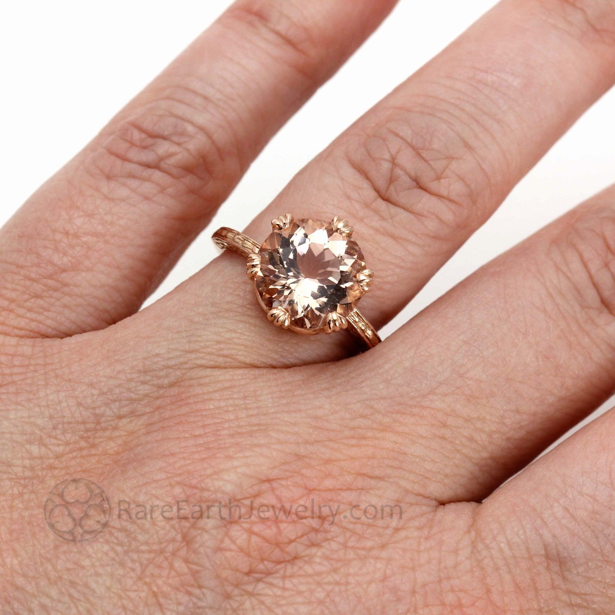 Vintage Style Morganite Ring Large Round Solitaire with Art Deco Crown Design Rare Earth Jewelry