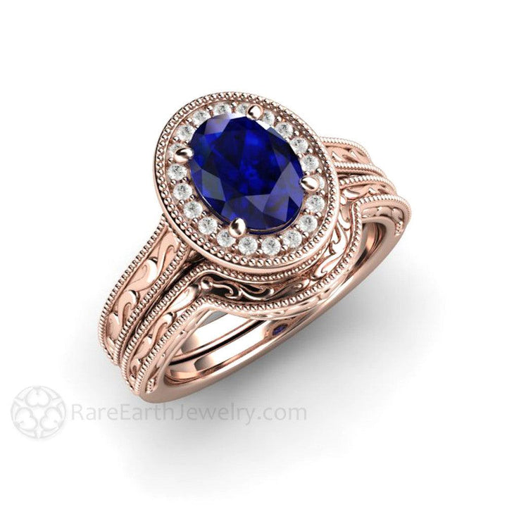 Art Deco Oval Blue Sapphire Engagement Ring Filigree Engraved - Rare Earth Jewelry