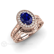 Art Deco Oval Blue Sapphire Engagement Ring Filigree Engraved 18K Rose Gold - Wedding Set - Rare Earth Jewelry