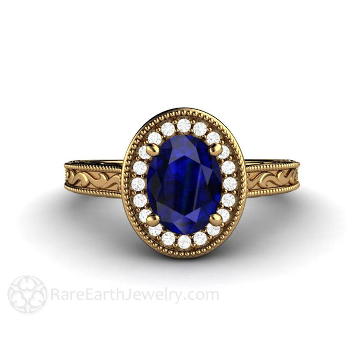 Art Deco Oval Blue Sapphire Engagement Ring Filigree Engraved - Rare Earth Jewelry