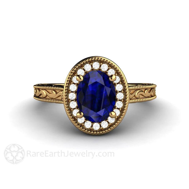 Art Deco Oval Blue Sapphire Engagement Ring Filigree Engraved 18K Yellow Gold - Engagement Only - Rare Earth Jewelry