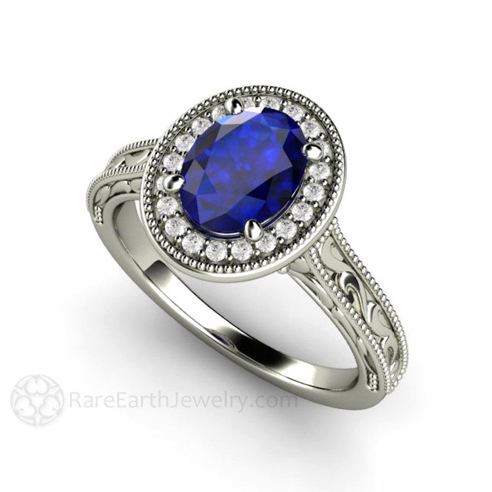 Art Deco Oval Blue Sapphire Engagement Ring Filigree Engraved - Rare Earth Jewelry