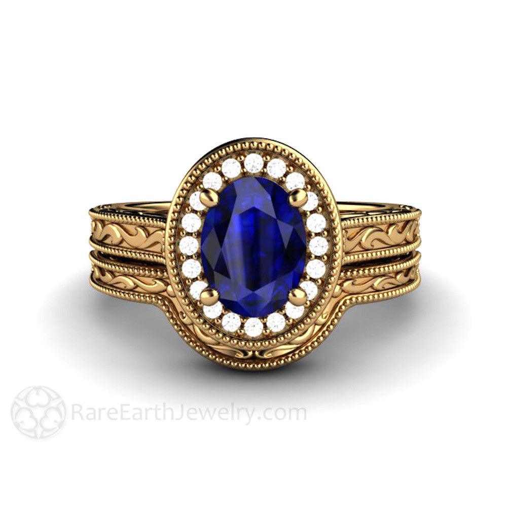 Art Deco Oval Blue Sapphire Engagement Ring Filigree Engraved - Rare Earth Jewelry