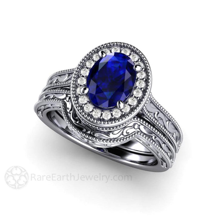 Art Deco Oval Blue Sapphire Engagement Ring Filigree Engraved - Rare Earth Jewelry