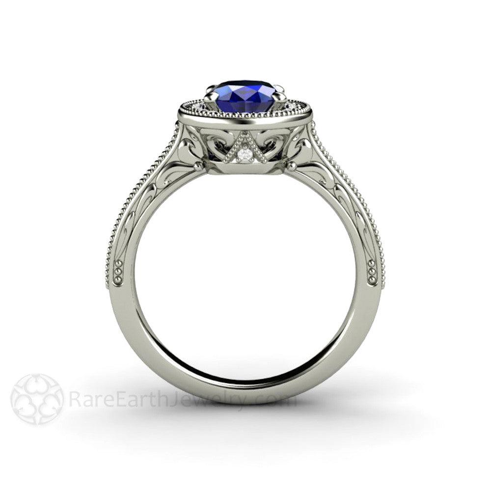 Art Deco Oval Blue Sapphire Engagement Ring Filigree Engraved - Rare Earth Jewelry