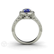 Art Deco Oval Blue Sapphire Engagement Ring Filigree Engraved 14K White Gold - Engagement Only - Rare Earth Jewelry