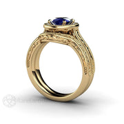 Art Deco Oval Blue Sapphire Engagement Ring Filigree Engraved 14K Yellow Gold - Wedding Set - Rare Earth Jewelry