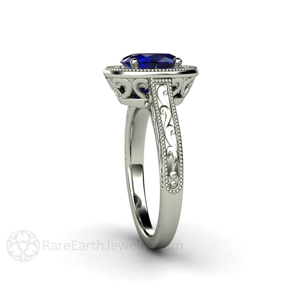 Art Deco Oval Blue Sapphire Engagement Ring Filigree Engraved - Rare Earth Jewelry