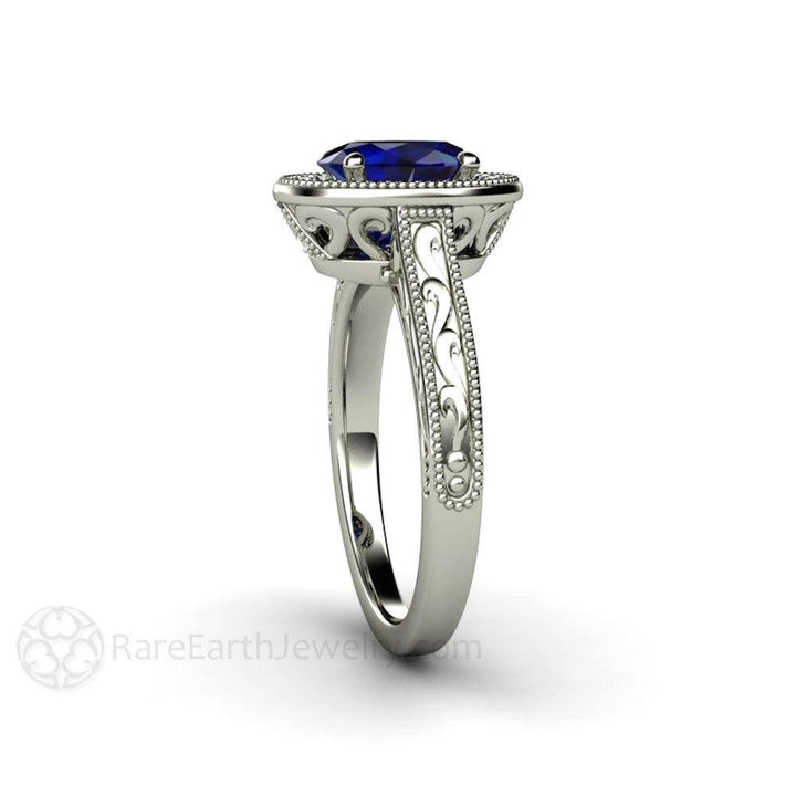 Art Deco Oval Blue Sapphire Engagement Ring Filigree Engraved - Rare Earth Jewelry