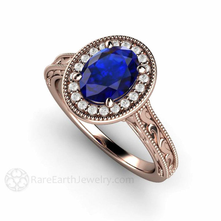 Art Deco Oval Blue Sapphire Engagement Ring Filigree Engraved - Rare Earth Jewelry