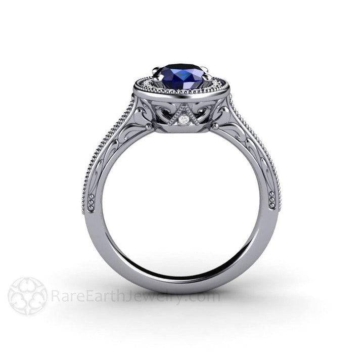 Art Deco Oval Blue Sapphire Engagement Ring Filigree Engraved - Rare Earth Jewelry