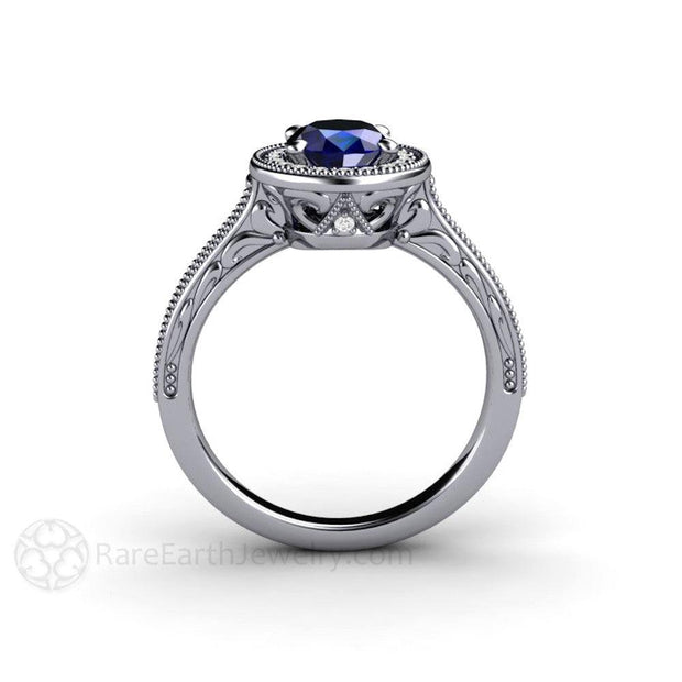 Art Deco Oval Blue Sapphire Engagement Ring Filigree Engraved Platinum - Engagement Only - Rare Earth Jewelry