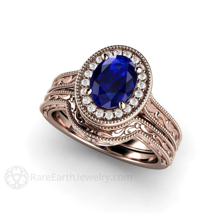 Art Deco Oval Blue Sapphire Engagement Ring Filigree Engraved - Rare Earth Jewelry