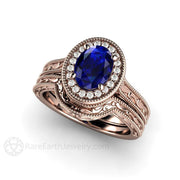 Art Deco Oval Blue Sapphire Engagement Ring Filigree Engraved 14K Rose Gold - Wedding Set - Rare Earth Jewelry