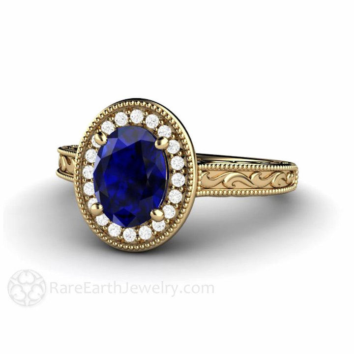 Art Deco Oval Blue Sapphire Engagement Ring Filigree Engraved - Rare Earth Jewelry