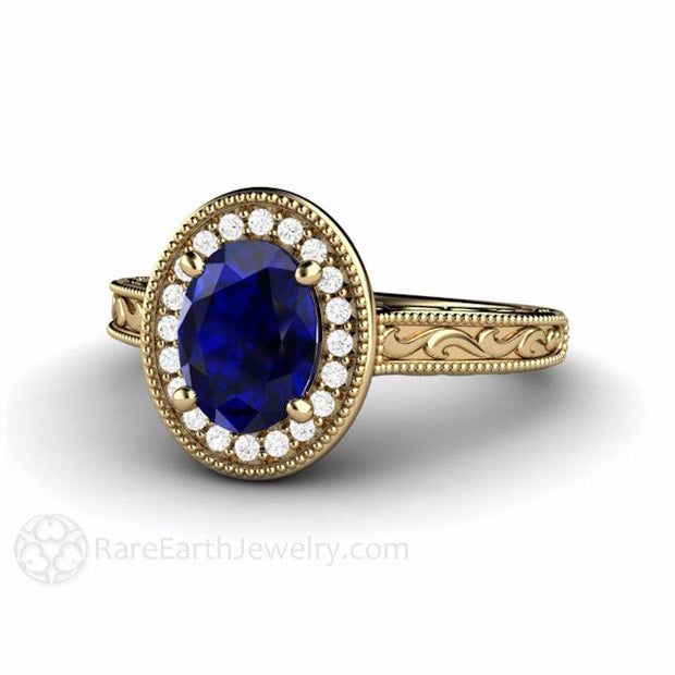 Art Deco Oval Blue Sapphire Engagement Ring Filigree Engraved - 14K Yellow Gold - Engagement Only - Blue - Halo - Oval - Rare Earth Jewelry