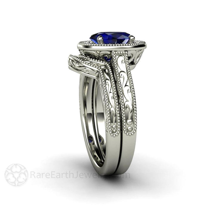 Art Deco Oval Blue Sapphire Engagement Ring Filigree Engraved - Rare Earth Jewelry