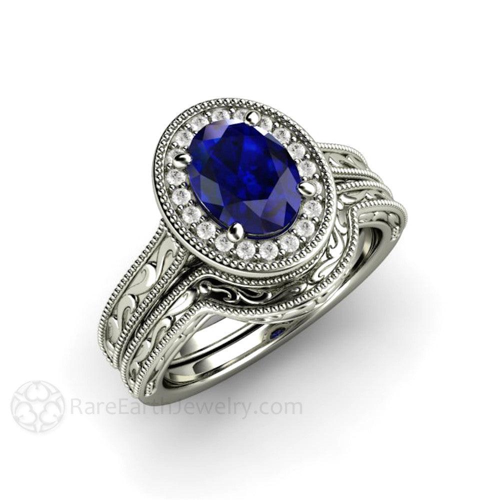 Art Deco Oval Blue Sapphire Engagement Ring Filigree Engraved - Rare Earth Jewelry