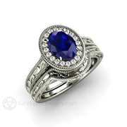 Art Deco Oval Blue Sapphire Engagement Ring Filigree Engraved 14K White Gold - Wedding Set - Rare Earth Jewelry