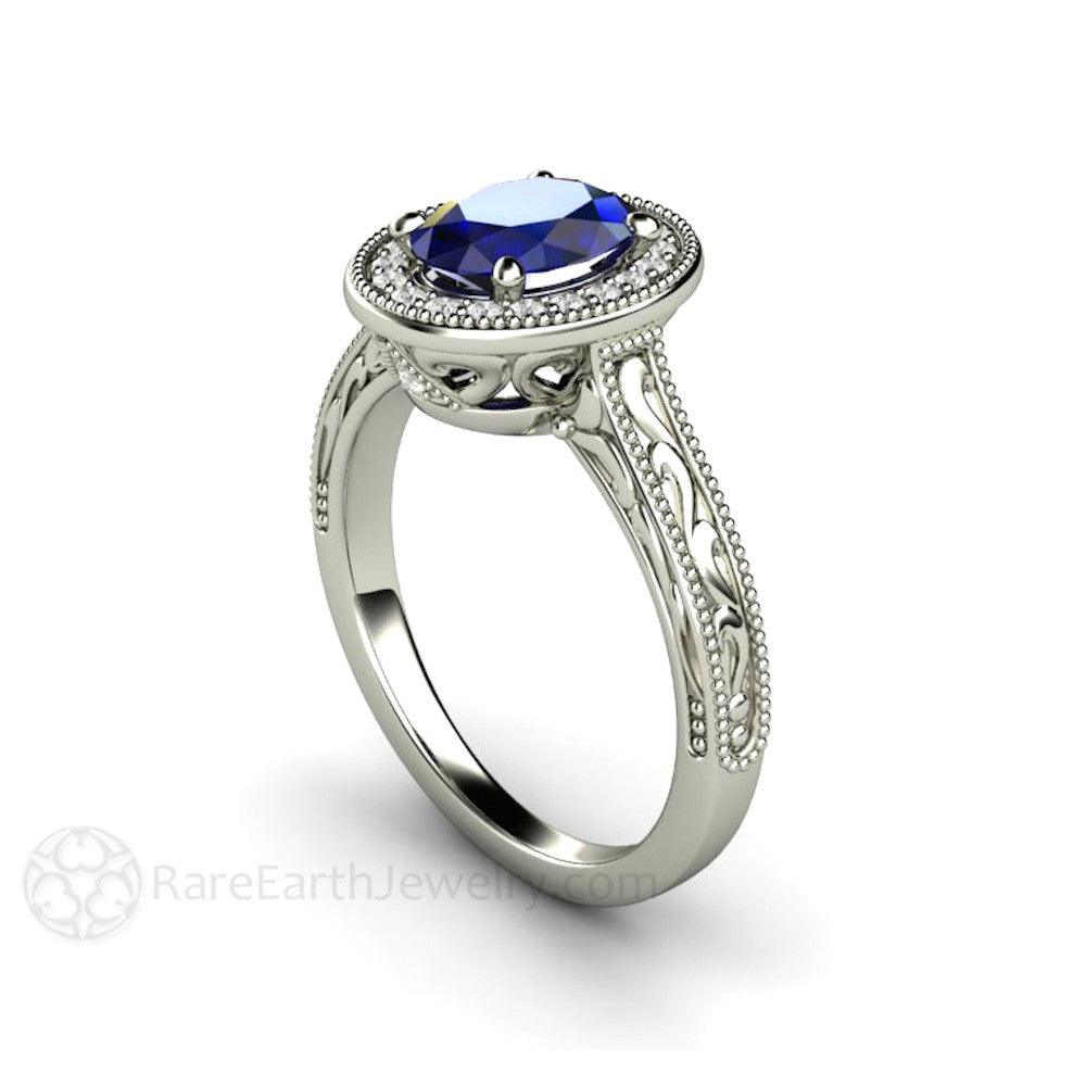 Art Deco Oval Blue Sapphire Engagement Ring Filigree Engraved - Rare Earth Jewelry