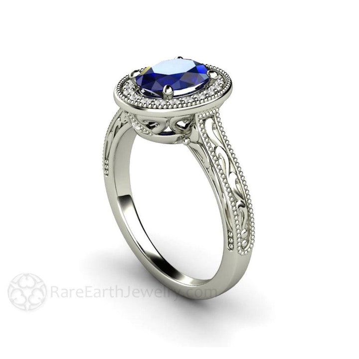 Art Deco Oval Blue Sapphire Engagement Ring Filigree Engraved - Rare Earth Jewelry