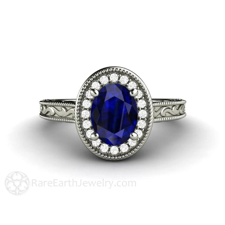 Art Deco Oval Blue Sapphire Engagement Ring Filigree Engraved - Rare Earth Jewelry