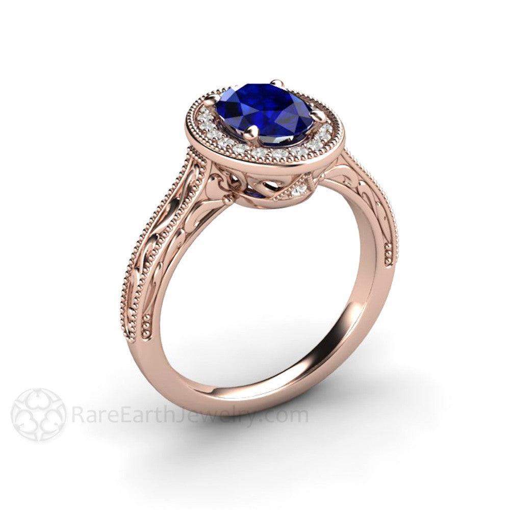 Art Deco Oval Blue Sapphire Engagement Ring Filigree Engraved - Rare Earth Jewelry