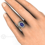 Art Deco Oval Blue Sapphire Engagement Ring Filigree Engraved 18K White Gold - Wedding Set - Rare Earth Jewelry
