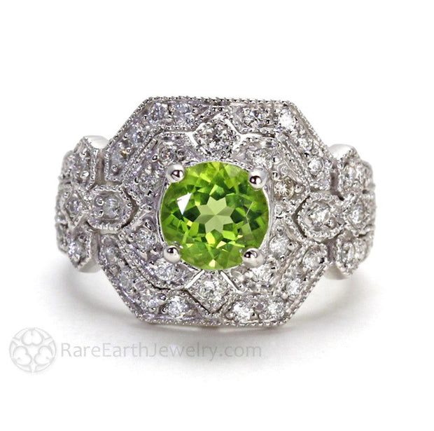Art Deco Peridot Ring with Diamonds Vintage Style Pave and Milgrain 14K White Gold - Rare Earth Jewelry