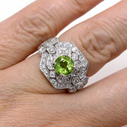 Art Deco Peridot Ring with Diamonds Vintage Style Pave and Milgrain 14K White Gold - Rare Earth Jewelry