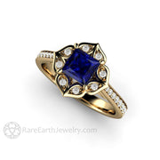 Art Deco Princess Blue Sapphire Engagement Ring Vintage Style 14K Yellow Gold - Rare Earth Jewelry