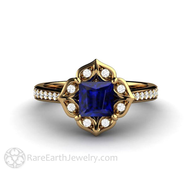 Art Deco Princess Blue Sapphire Engagement Ring Vintage Style 18K Yellow Gold - Rare Earth Jewelry