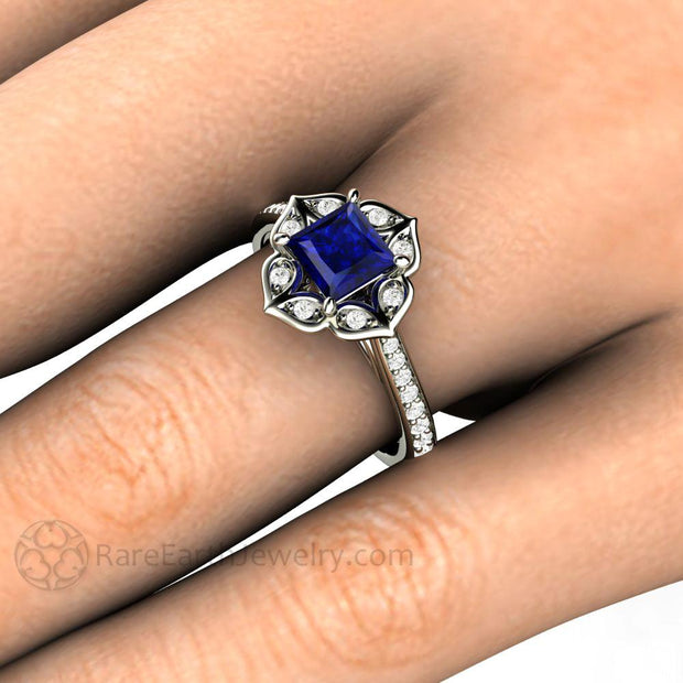 Art Deco Princess Blue Sapphire Engagement Ring Vintage Style 18K White Gold - Rare Earth Jewelry
