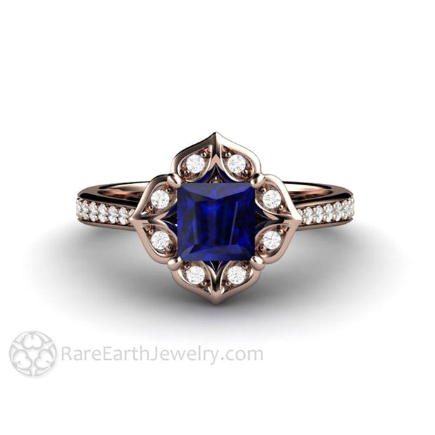 Art Deco Princess Blue Sapphire Engagement Ring Vintage Style 14K Rose Gold - Rare Earth Jewelry
