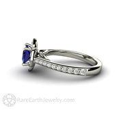 Art Deco Princess Blue Sapphire Engagement Ring Vintage Style 18K White Gold - Rare Earth Jewelry